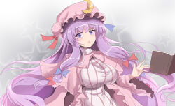 Rule 34 | 1girl, :o, blush, book, bow, breasts, capelet, dress, floating, floating book, floating object, hair bow, hat, large breasts, long hair, looking at viewer, mob cap, namiki (remiter00), patchouli knowledge, pink capelet, purple eyes, purple hair, sidelocks, solo, star (symbol), striped clothes, striped dress, taut clothes, taut dress, touhou, vertical-striped clothes, vertical-striped dress, very long hair