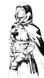 Rule 34 | 1girl, cape, closed mouth, dark souls (series), dark souls ii, dress, emerald herald, gauntlets, greyscale, hair over one eye, hood, hood up, hooded cape, looking at viewer, medium hair, monochrome, one eye covered, own hands together, ruukii drift, simple background, solo, standing, tabard, white background
