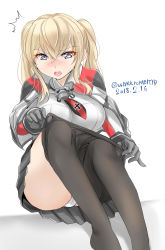 Rule 34 | 1girl, adjusting clothes, adjusting legwear, anchor, black gloves, blonde hair, breasts, capelet, celtic knot, cross, dated, dressing, gloves, graf zeppelin (kancolle), grey eyes, hair between eyes, highres, iron cross, kantai collection, large breasts, military, military uniform, miniskirt, open mouth, panties, pantyhose, pantyshot, sitting, skirt, solo, tororo ten, twintails, twitter username, underwear, uniform, white panties