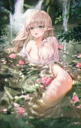 Rule 34 | 1girl, blonde hair, blush, breasts, cleavage, collarbone, collared shirt, elf, floating, floating object, flower, green eyes, kokko (kokko3045), lake, large breasts, long hair, long sleeves, looking at viewer, original, parted lips, partially submerged, petals, plant, pointy ears, shirt, solo, thighs, water, waterfall, wet, wet clothes, wet shirt