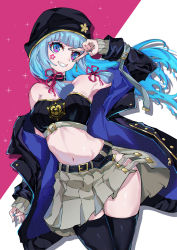 Rule 34 | 1girl, :d, absurdres, alternate costume, alternate hairstyle, aqua eyes, aqua hair, armpits, ayaka (genshin impact), bare shoulders, belt, black thighhighs, blunt bangs, casual, choker, collarbone, commentary request, contemporary, genshin impact, gradient eyes, grin, hair down, hair ribbon, hat, highres, huge filesize, lankuchashuangjielong, long hair, long sleeves, looking at viewer, midriff, multicolored eyes, navel, off-shoulder jacket, off shoulder, open mouth, pleated skirt, ribbon, sidelocks, simple background, skirt, smile, solo, strapless, tattoo, thighhighs, tress ribbon, tube top, two-tone background, v, zettai ryouiki