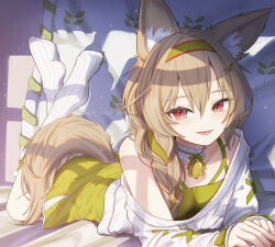 Rule 34 | 1girl, animal ear fluff, animal ears, arknights, beanstalk (arknights), beanstalk (gift uncompleted) (arknights), bed, bed sheet, bell, blush, braid, cardigan, commentary request, crossed ankles, dress, feet up, full body, green dress, green ribbon, hair ribbon, hyena ears, hyena girl, hyena tail, indoors, looking at viewer, lying, neck bell, no shoes, off shoulder, on stomach, open mouth, pillow, red eyes, red ribbon, ribbon, shironekoban, side braid, smile, socks, solo, tail, the pose, twitter username, white cardigan, white socks