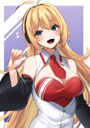 Rule 34 | 1girl, akagi kurage, antenna hair, blonde hair, blush, breasts, cleavage, detached sleeves, green eyes, headphones, highres, index finger raised, large breasts, long hair, musical note, open mouth, red neckwear, simple background, solo, tsurumaki maki, two-tone background, upper body, voiceroid, wide sleeves