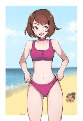 Rule 34 | 1girl, :d, adapted costume, bare arms, beach, bikini, bob cut, border, brown eyes, brown hair, buttons, choker, cloud, collarbone, commentary, creatures (company), day, dwebble, eyelashes, game freak, gen 5 pokemon, gloria (pokemon), highres, looking to the side, milka (milk4ppl), navel, nintendo, open mouth, outdoors, outside border, pink choker, pokemon, pokemon (creature), pokemon swsh, purple bikini, sand, shore, short hair, signature, sky, smile, sparkle, standing, swimsuit, teeth, tongue, upper teeth only, water, white border