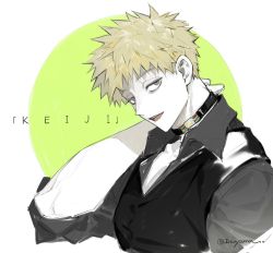 Rule 34 | 1boy, black vest, blonde hair, character name, collar, grey eyes, grey shirt, hand on own neck, highres, inuyama (inuhill), kimi ga shine, looking at viewer, male focus, open mouth, shinogi keiji, shirt, simple background, solo, twitter username, two-tone background, upper body, vest