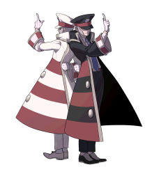 Rule 34 | 2boys, black coat, black headwear, black pants, blue necktie, brothers, brown coat, closed mouth, coat, collared shirt, commentary request, creatures (company), emmet (pokemon), frown, game freak, gloves, grey eyes, grey hair, hand up, hat, highres, ingo (pokemon), korean commentary, male focus, multiple boys, necktie, nintendo, pants, peaked cap, pokemon, pokemon bw, redlhzz, shirt, shoes, short hair, siblings, sideburns, standing, striped, striped coat, white coat, white gloves, white headwear, white pants, white shirt
