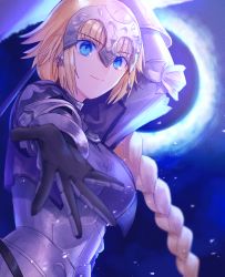 Rule 34 | 1girl, arm up, armor, armored dress, black gloves, blonde hair, blue eyes, dress, fate/apocrypha, fate (series), floating hair, gloves, grey dress, headpiece, highres, jeanne d&#039;arc (fate), jeanne d&#039;arc (ruler) (fate), long hair, looking at viewer, nomuraumu, outstretched arm, outstretched hand, reaching, reaching towards viewer, smile, solo, upper body, very long hair