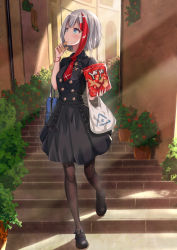 Rule 34 | 1girl, admiral graf spee (azur lane), admiral graf spee (girl&#039;s sunday) (azur lane), azur lane, bag, bag of chips, black dress, black footwear, black pantyhose, blue eyes, blush, bugles, bugles (food), bugles on fingers, claws, dress, finger to own chin, food on hand, grocery bag, handbag, highres, looking to the side, looking up, multicolored hair, necktie, pantyhose, plant, potted plant, red hair, red necktie, rurukuru, shoes, shopping bag, short hair, short necktie, silver hair, solo, stairs, streaked hair, two-tone hair