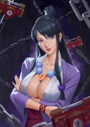 Rule 34 | 1girl, ace attorney, arms under breasts, bead necklace, beads, black background, black hair, bracelet, breasts, brown eyes, chain, cleavage, coat, collarbone, crossed arms, hair bun, hair ornament, highres, japanese clothes, jewelry, keyhole, kimono, large breasts, lock, magatama, magatama necklace, maya fey, mia fey, mole, mole under mouth, nail polish, necklace, phamoz, phoenix wright: ace attorney - trials and tribulations, possessed, possession, psyche-lock, purple kimono, purple nails, revision, simple background, single hair bun, solo, upper body, wide sleeves