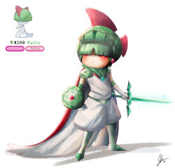 Rule 34 | 1other, blunt bangs, blush, cape, character name, commentary, creatures (company), endifi, english commentary, game freak, gen 3 pokemon, gloves, green hair, hair over eyes, helmet, highres, holding, holding shield, holding sword, holding weapon, humanization, nintendo, pants, pokemon, ralts, red eyes, shield, simple background, solo, standing, sword, weapon, white background, white cape, white gloves, white pants