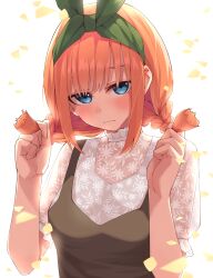 Rule 34 | 1girl, alternate costume, backlighting, blue eyes, blush, braid, casual, clenched hands, commentary request, eyebrows hidden by hair, eyelashes, french braid, frown, furrowed brow, go-toubun no hanayome, green hairband, green ribbon, hair between eyes, hair ribbon, hairband, hands up, highres, holding, holding own hair, leaf print, looking at viewer, medium hair, nakano yotsuba, orange hair, puffy short sleeves, puffy sleeves, ribbon, see-through, see-through shirt, shirt, short sleeves, shy, sidelocks, simple background, solo, sparkling eyes, straight-on, straight hair, tamago sando, twin braids, upper body, upturned eyes, white background, white shirt