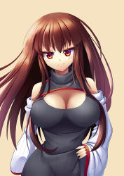 Rule 34 | 1girl, adapted costume, bad id, bad pixiv id, breasts, brown hair, cleavage, cleavage cutout, clothing cutout, cowboy shot, detached sleeves, dress, hand on own hip, large breasts, long hair, m.u.g.e.n, meme attire, open-chest sweater, original, red eyes, ribbed sweater, sendai hakurei no miko, simple background, smile, solo, sweater, sweater dress, touhou, turtleneck, z.o.b