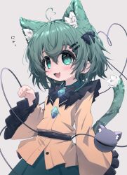 Rule 34 | 1girl, :d, ahoge, animal ear fluff, animal ears, black bow, black bowtie, blouse, blush, bow, bowtie, buttons, cat ears, cat tail, commentary, diamond button, fang, frilled sleeves, frills, green eyes, green hair, green skirt, grey background, hair between eyes, hair bow, hair ornament, hairclip, hand up, heart, heart ahoge, heart of string, highres, kemonomimi mode, komeiji koishi, long sleeves, looking at viewer, mr.turtle head, open mouth, paw pose, shirt, short hair, simple background, skin fang, skirt, smile, tail, third eye, tongue, touhou, wide sleeves, yellow shirt