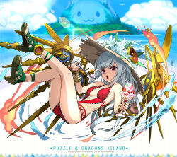 Rule 34 | 1girl, :o, adachi yousuke, clock, day, full body, gears, hat, high heels, highres, long hair, mechanical wings, official art, one-piece swimsuit, pink eyes, puzzle &amp; dragons, red one-piece swimsuit, silver hair, simple background, solo, sun hat, swimsuit, urd (p&amp;d), white background, wings