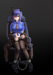 Rule 34 | 1girl, absurdres, arknights, black pantyhose, blue hair, blue shirt, bound, bound ankles, bound wrists, breasts, ch&#039;en (after storm) (arknights), ch&#039;en (arknights), chair, clenched hands, closed mouth, coat, collared shirt, cuffs, dragon girl, dragon horns, handcuffs, highres, horns, looking at viewer, medium breasts, navel, necktie, office chair, pantyhose, pocket, red eyes, shackles, shirt, shirt rolled up, simple background, sitting, sweatdrop, swivel chair, thigh strap, unworn coat, user ruvh7248
