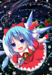 Rule 34 | 1girl, adapted costume, alternate color, bad id, bad pixiv id, bell, blue eyes, blue hair, blush, bow, box, christmas, cirno, dress, fang, gift, gift box, gloves, hair bow, highres, ice, ice wings, looking at viewer, matching hair/eyes, mitsuki, mittens, red bow, red dress, red mittens, reindeer, sack, short hair, sleigh, snowflakes, solo, touhou, wings, yano mitsuki (nanairo)