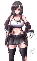 Rule 34 | 1girl, bare shoulders, black hair, black shirt, black skirt, black thighhighs, blood, blood on face, breasts, bruise, bruise on face, cleavage, closed mouth, collarbone, commentary request, cowboy shot, crop top, cuts, earrings, elbow gloves, elbow pads, final fantasy, final fantasy vii, final fantasy vii remake, fingerless gloves, gloves, hair between eyes, hand on own hip, highres, injury, jewelry, large breasts, long hair, looking at viewer, low-tied long hair, midriff, navel, partial commentary, red eyes, shirt, sidelocks, signature, simple background, skirt, solo, standing, suga leon, suspender skirt, suspenders, sweat, tank top, thighhighs, tifa lockhart, torn clothes, torn gloves, torn shirt, torn skirt, torn thighhighs, undershirt, white background, white tank top, zettai ryouiki