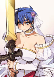 Rule 34 | 1girl, blue eyes, blue hair, breasts, choker, cleavage, dated, detached sleeves, dress, fire emblem, fire emblem: path of radiance, flower, frills, genderswap, genderswap (mtf), hair flower, hair ornament, ike (fire emblem), large breasts, matching hair/eyes, nintendo, puffy sleeves, ragnell, solo, strapless, strapless dress, sword, weapon, wedding dress, yajiro masaru