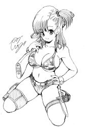 Rule 34 | 1girl, bare arms, bare shoulders, belt, bikini, bikini top only, breasts, bulma, camouflage, camouflage bikini, cleavage, curvy, dragon ball, facing viewer, female focus, full body, hair bobbles, hair ornament, hand on own hip, highres, knife, large breasts, light smile, long hair, looking at viewer, midriff, monochrome, navel, shoes, short shorts, shorts, side ponytail, simple background, sitting, solo, swimsuit, toriyama akira (style), traditional media, wariza, weapon, white background, young jijii