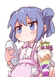 Rule 34 | 1girl, puff of air, apron, blue eyes, blue hair, blush, bow, bowtie, commentary request, double bun, extra, frown, hair bun, holding, holding tray, korean commentary, long sleeves, looking away, m1ch, onii-chan wa oshimai!, parfait, pink apron, pink bow, pink bowtie, shirt, short hair, simple background, solo, tray, waitress, white background, white shirt
