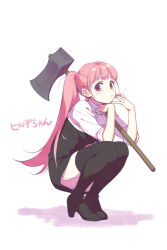 Rule 34 | 1girl, ascot, axe, black footwear, black panties, boots, closed mouth, commentary request, fire emblem, fire emblem: three houses, garreg mach monastery uniform, hilda valentine goneril, holding, holding axe, holding weapon, long hair, looking at viewer, nerikiri6, nintendo, panties, pantyshot, pink eyes, pink hair, shadow, simple background, sleeves rolled up, solo, squatting, thigh boots, twintails, underwear, uniform, weapon, white ascot, white background
