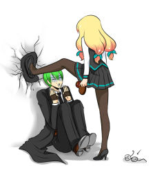 Rule 34 | 1boy, 1girl, arc system works, blazblue, blonde hair, broken eyewear, candy, chocolate, chocolate heart, closed eyes, coat, crack, fedora, fingerless gloves, food, formal, glasses, gloom (expression), gloves, green hair, hair ribbon, hat, hazama, heart, high heels, long hair, pantyhose, pink hair, quad tails, ribbon, scared, school uniform, short hair, simple background, suit, sweat, toscabear, trench coat, trinity glassfield, valentine