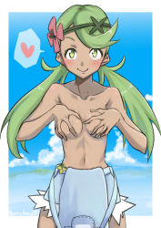 Rule 34 | 1girl, apron, bare shoulders, blush, breast hold, breasts, cloud, cloudy sky, collarbone, covering breasts, covering privates, creatures (company), dark-skinned female, dark skin, flower, flower on head, game freak, grabbing, grabbing another&#039;s breast, green eyes, green hair, hair flower, hair ornament, hand on breast, heart, highres, lips, long hair, looking at viewer, mallow (pokemon), matching hair/eyes, medium breasts, naked apron, naked overalls, navel, nintendo, no bra, ocean, overalls, pokemon, pokemon sm, saku (saku1151), seductive smile, sky, sleeveless, smile, solo, spoken heart, standing, topless, trial captain, twintails, white background