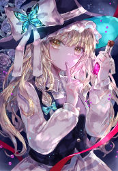 Rule 34 | 1girl, absurdres, black hat, blonde hair, blue bow, blue butterfly, blue flower, blue rose, bow, braid, bug, butterfly, finger to mouth, flower, hat, hat bow, highres, insect, kirisame marisa, long hair, long sleeves, pink flower, pink rose, purple flower, purple rose, red flower, red rose, rose, solo, suzushina, touhou, white flower, white rose, witch hat, yellow eyes