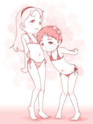 Rule 34 | 2girls, bare arms, bare shoulders, bikini, blush, bow, child, closed mouth, collarbone, copyright request, flat chest, freckles, full body, hair bow, hairband, highres, long hair, looking at viewer, multiple girls, navel, open mouth, short hair, side-tie bikini bottom, smile, standing, swimsuit, teruki kuma