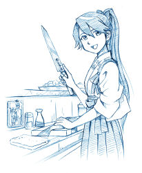 Rule 34 | 10s, 1girl, admiral (kancolle), bbb (friskuser), blue theme, cooking, fish, houshou (kancolle), indoors, japanese clothes, kantai collection, knife, long hair, monochrome, photo (object), ponytail, simple background, solo, white background