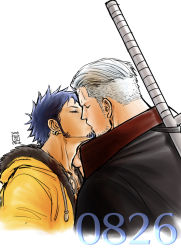Rule 34 | 2boys, alternate costume, backlighting, beard, black hair, couple, cropped torso, closed eyes, facial hair, from side, goatee, highres, hood, hooded jacket, jacket, kiss, kokorozashi, long sideburns, male focus, mature male, multiple boys, one piece, short hair, sideburns, smoker (one piece), stubble, trafalgar law, weapon, weapon on back, white hair, yaoi, yellow jacket