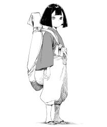 Rule 34 | 1girl, biwa (heike monogatari), bob cut, child, from side, greyscale, heike monogatari, heterochromia, highres, instrument, instrument on back, japanese clothes, long sleeves, looking at viewer, looking to the side, monochrome, pants, sandals, simple background, solo, standing, takuan (takuanlunch), wide sleeves, zouri