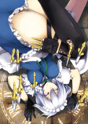 Rule 34 | 1girl, action, apron, black gloves, blue dress, boots, bow, braid, breasts, colored eyelashes, dress, eyebrows, from above, gloves, hair bow, highres, hip focus, ishida kazuma, izayoi sakuya, knife, light, looking at viewer, looking up, lying, maid, maid apron, maid headdress, on back, pinned, puffy short sleeves, puffy sleeves, purple eyes, ribbon, roman numeral, serious, shadow, short hair, short sleeves, silver hair, solo, thick thighs, thigh boots, thigh strap, thighhighs, thighs, touhou, twin braids, upside-down
