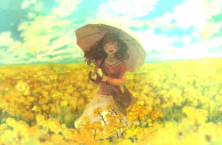 Rule 34 | 1girl, :d, ^ ^, bag, blurry, blush, brown hair, bubble, closed eyes, cloud, day, depth of field, closed eyes, field, flower, flower field, happy, holding, marigold, open mouth, original, parasol, pon (cielo), revision, shade, skirt, sky, smile, solo, teeth, umbrella, water drop, wind, yellow theme