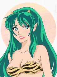 Rule 34 | 1girl, animal print, blue eyes, breasts, cleavage, green hair, highres, horns, long hair, lum, medium breasts, ogre, oni, open mouth, pink background, self-upload, smile, solo, swimsuit, tiger print, upper body, urusei yatsura