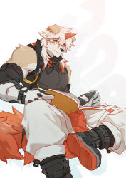 Rule 34 | 1boy, absurdres, animal ears, arknights, bara, bare shoulders, black shirt, book, brown fur, curb-chain, detached sleeves, dog boy, dog ears, dog tail, fang, foot out of frame, furry, furry male, gloves, highres, holding, holding book, horns, hung (arknights), light blush, looking at viewer, male focus, medium hair, multicolored hair, muscular, muscular male, open book, orange eyes, orange hair, pectorals, shirt, simple background, single horn, sleeveless, sleeveless shirt, streaked hair, tail, two-tone fur, white background, white fur, white gloves, white hair, yellow eyes