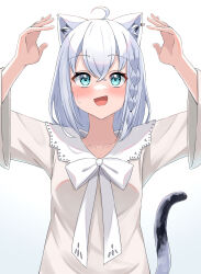 Rule 34 | 1girl, aica 61, animal ear fluff, animal ears, arms up, blush, braid, cat day, cat ears, cat girl, cat tail, commentary request, green eyes, hair between eyes, highres, hololive, long hair, looking at viewer, open mouth, shirakami fubuki, shirakami fubuki (street), shirt, sidelocks, simple background, single braid, solo, sweatdrop, tail, virtual youtuber, white background, white hair, white shirt