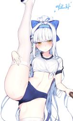 Rule 34 | 1girl, absurdres, ass, blue bow, blue buruma, blue hair, blue hairband, blunt bangs, blush, bow, breasts, buruma, cameltoe, closed mouth, gradient hair, gym shirt, gym uniform, hair bow, hairband, high ponytail, highres, leg lift, long hair, looking at viewer, medium breasts, mendou kusai, midriff, multicolored hair, navel, shirt, shoes, short sleeves, simple background, solo, split, standing, standing on one leg, standing split, stretching, sweat, thighhighs, thighs, tied shirt, unleashed, uwabaki, very long hair, white background, white hair, white thighhighs, yellow eyes