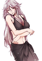 Rule 34 | 10s, 1girl, bare shoulders, bikini, black bikini, breasts, cleavage, cowboy shot, crossed arms, female focus, gb hm, granblue fantasy, hair between eyes, large breasts, light particles, long hair, magisa (granblue fantasy), nail polish, navel, orange eyes, pink nails, sarong, silver hair, simple background, smile, solo, swimsuit, white background