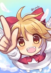 Rule 34 | 1girl, blonde hair, blush, bow, bowtie, feathered wings, feathers, flying, gengetsu (touhou), hair bow, highres, index finger raised, long sleeves, open mouth, pointing, red bow, red bowtie, shirt, skirt, solo, teeth, touhou, touhou (pc-98), upper teeth only, white feathers, white shirt, white skirt, wings, yadoyuki, yellow eyes