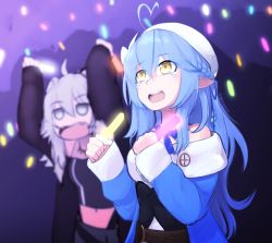 Rule 34 | 2girls, ahoge, belt, black coat, black shirt, blouse, blue coat, blue hair, blurry, blurry background, bow, braid, coat, commentary, concert, depth of field, english commentary, french braid, grey eyes, grey hair, hair bow, half updo, hands up, hat, heart, heart ahoge, holding, hololive, jewelry, jitome, long hair, long sleeves, multiple girls, navel, necklace, neon lights, off-shoulder coat, off shoulder, open clothes, open coat, open mouth, pointy ears, shirt, shishiro botan, shishiro botan (1st costume), signature, solo focus, virtual youtuber, white headwear, yoako, yukihana lamy
