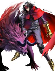 Rule 34 | 1boy, absurdres, black hair, clawed gauntlets, cloak, final fantasy, final fantasy vii, headband, highres, horns, leather, long hair, messy hair, monster, pointed footwear, red cloak, red eyes, red headband, snowscapism, torn clothes, vincent valentine, white background