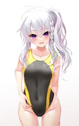 Rule 34 | 1girl, 9-nine-, absurdres, black one-piece swimsuit, braid, breasts, commentary request, competition swimsuit, covered navel, cowboy shot, highres, long hair, looking at viewer, multicolored clothes, multicolored swimsuit, ncontrail (mgax7527), niimi sora, one-piece swimsuit, revision, silver hair, simple background, single braid, small breasts, solo, swimsuit, white background
