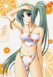 Rule 34 | 1girl, armband, armpits, bikini, blue eyes, breasts, character name, cleavage, cleavage cutout, clothing cutout, contrapposto, cowboy shot, facing viewer, food, food-themed clothes, fruit, green hair, halterneck, long hair, looking to the side, medium breasts, navel, navel (company), official art, orange (fruit), orange slice, parted bangs, ponytail, purple eyes, side ponytail, solo, soul link, standing, suzuhira hiro, swimsuit, very long hair, yuu yamanami