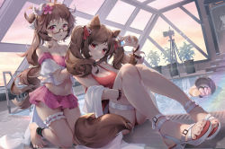 Rule 34 | 3girls, ahoge, angelina (arknights), angelina (summer flower) (arknights), animal ears, arknights, arm up, asc11, bare legs, bare shoulders, barefoot, bikini, bikini skirt, blush, breasts, bridal garter, brown hair, camera, chinese commentary, cleavage, closed mouth, commentary request, crocodilian tail, eyjafjalla (arknights), eyjafjalla (summer flower) (arknights), female focus, fox girl, fox tail, full body, glasses, hair ribbon, highres, horns, innertube, kneeling, knees up, long hair, looking at viewer, medium breasts, midriff, multiple girls, nail polish, navel, off-shoulder bikini, off shoulder, official alternate costume, one-piece swimsuit, parted lips, partially submerged, pink eyes, pink nails, plaid, plaid bikini, plant, pool, potted plant, red eyes, red one-piece swimsuit, red ribbon, rei no pool, ribbon, sandals, semi-rimless eyewear, sheep ears, sheep girl, sheep horns, short sleeves, sidelocks, sitting, swim ring, swimsuit, swimsuit cover-up, tail, thigh strap, toenail polish, toenails, tomimi (arknights), tripod, twintails, very long hair, white footwear, wristband