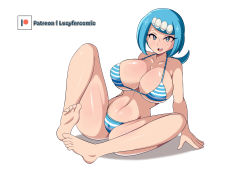 Rule 34 | 1girl, absurdres, bikini, blue eyes, blue hair, breasts, cleavage, creatures (company), eyebrows, game freak, highres, lana&#039;s mother (pokemon), large breasts, long hair, looking at viewer, lucyfer, matching hair/eyes, mature female, nintendo, pokemon, pokemon (anime), pokemon sm (anime), ponytail, simple background, sitting, smile, solo, swimsuit, white background