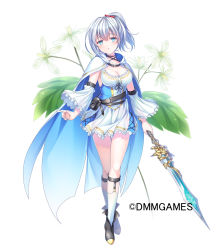 Rule 34 | 1girl, black footwear, blue eyes, botanzuru (flower knight girl), bow, breasts, cleavage, detached sleeves, flower, flower knight girl, full body, hair bow, holding, holding sword, holding weapon, kneehighs, looking at viewer, medium breasts, name connection, object namesake, official art, open mouth, ponytail, raised eyebrows, red bow, satou satoru, shoes, short hair, silver hair, simple background, skirt, socks, solo, sword, weapon, white background, white sleeves, white socks