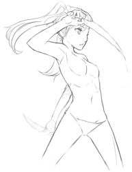 Rule 34 | 10s, 1girl, armpits, breasts, dual wielding, flat chest, greyscale, hair bobbles, hair ornament, holding, ibarazaki emi, katawa shoujo, knife, monochrome, no nipples, panties, sketch, small breasts, softmode, solo, topless, twintails, underwear