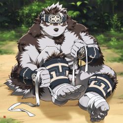 Rule 34 | 1boy, abs, ainu clothes, animal ears, bandaged foot, bandages, bara, barefoot, chest hair, forest, full body, furry, furry male, grey fur, grey hair, headband, horkeu kamui, large pectorals, male focus, muscular, muscular male, nature, nipples, pectorals, rossciaco, short hair, sitting, solo, tail, thick thighs, thighs, tokyo houkago summoners, topless male, two-tone fur, white fur, wolf boy, wolf ears, wolf tail, yellow eyes
