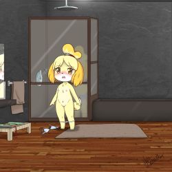 Rule 34 | 1girl, animal crossing, animal ears, animal hands, artist name, barefoot, bathroom, bathtub, bell, blonde hair, blue bra, blue panties, blush, bra, buck teeth, cameltoe, cleft of venus, collarbone, dated, dog ears, dog girl, dog tail, embarrassed, female focus, flat chest, flying sweatdrops, full body, furry, furry female, hair bell, hair ornament, hair tie, highres, indoors, isabelle (animal crossing), jingle bell, looking at viewer, mat, mirror, neko star, nintendo, nipples, nose blush, open mouth, panties, panties around ankles, panty pull, pussy, red ribbon, reflection, ribbon, short hair, shower, signature, solo, standing, striped bra, striped clothes, striped panties, sweat, tail, teeth, textless version, topknot, topless, towel, uncensored, underwear, underwear only, unworn bra, unworn clothes, yellow eyes